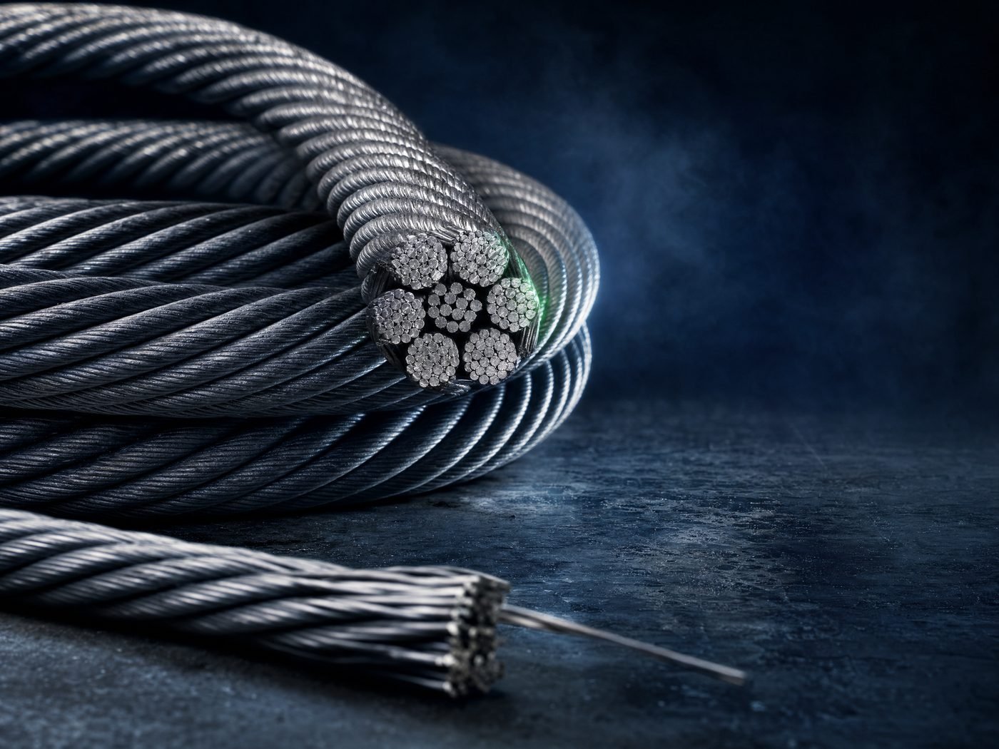 Rollo de cable de acero de construcción 6x36 con alma de acero IWRC, mostrado en corte transversal